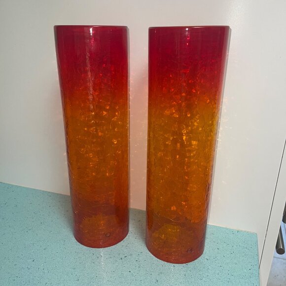 Blenko Amberina Crackle Glass Hurricane Shades Set of 2 Flaws Read - Picture 11 of 12